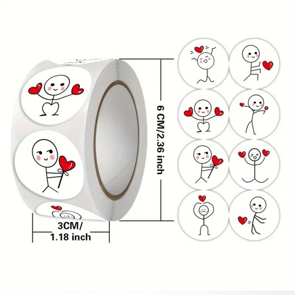 (44) Roll of 500 Whimsical Cartoon Stick Man with Heart Stickers (3/4” diam) - Picture 3 of 6